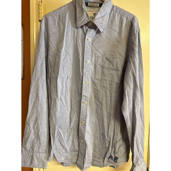 American Eagle Outfitters Blue Vintage Fit Button-Down Shirt With Embroidered Ba - Picture 4 of 9